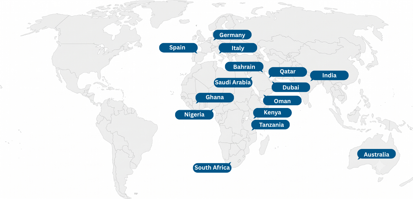  World Map Showing Om Brass Industries Exporting Brass Components, Brass Fittings and Precision Brass Parts to Germany, Spain, Italy, Bahrain, South Africa, Tanzania, Australia, Nigeria, Kenya, Ghana, Saudi Arabia, UAE, Qatar, Oman and India